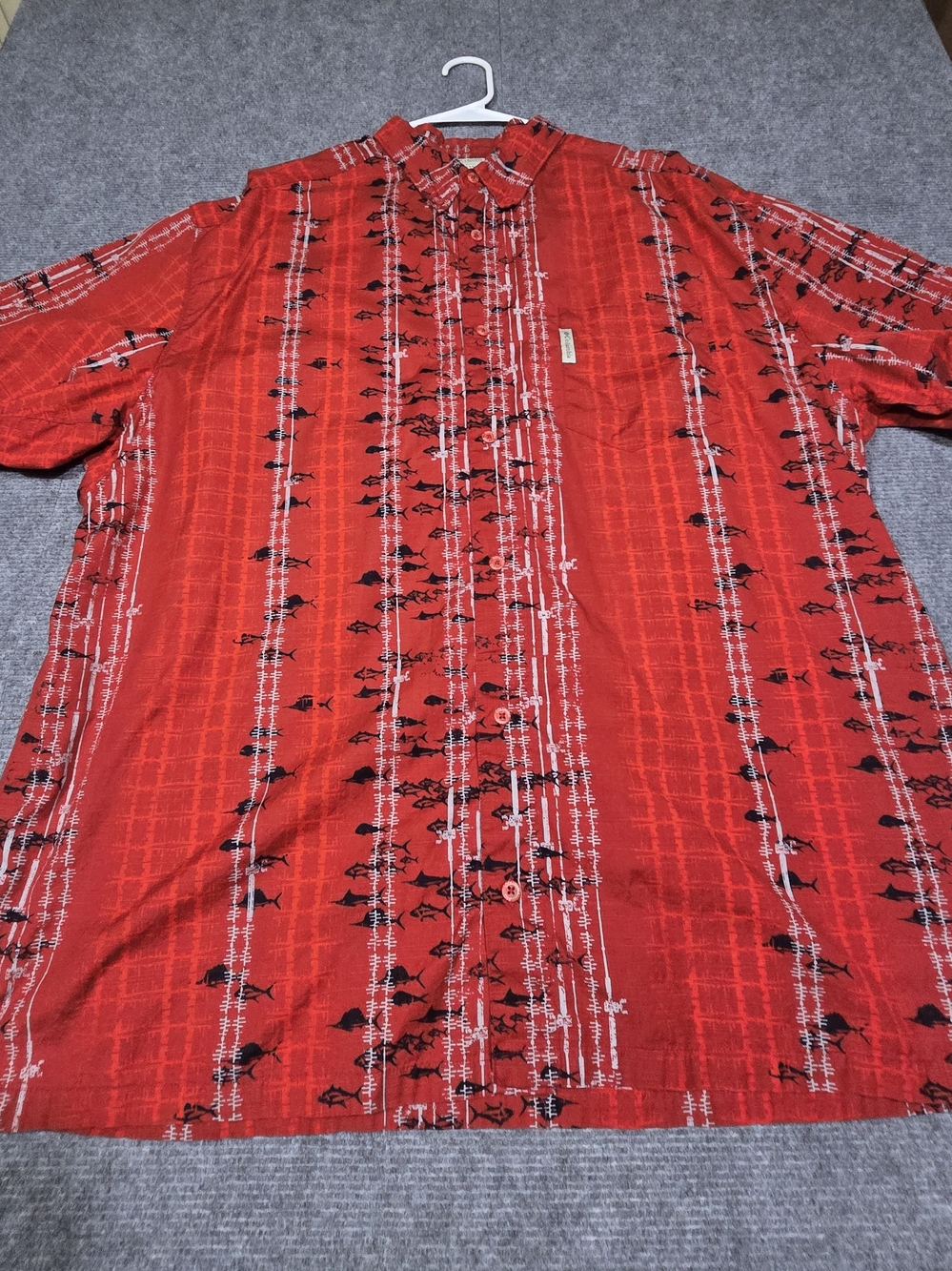 Columbia PFG Mens XXL Red Fish Print Vented Fishing Shirt Cotton Button Up 2XL